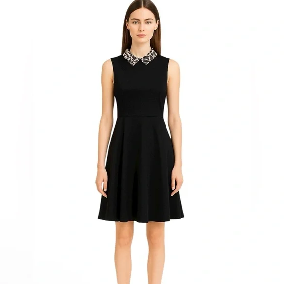 Kate Spade Black Fit & Flare Dress w/ Leopard Collar EUC - Picture 1 of 10